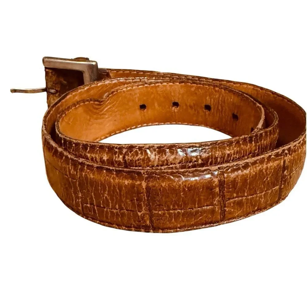 Vintage Martin Dingman Alligator Grain Italian Calfskin Brown Leather Belt 34